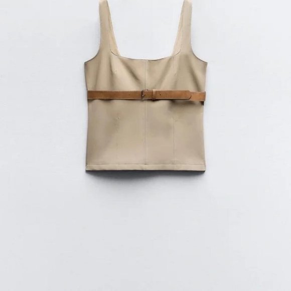 ZARA CO-ORD SET BELTED TOPSTITCHED TOP AND PLEATED SKORT - Picture 2 of 9